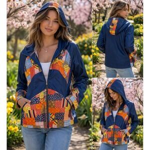 Vintage c. 1990 Patchwork Hooded Jacket Made in Japan Cotton Nylon Boho S M
